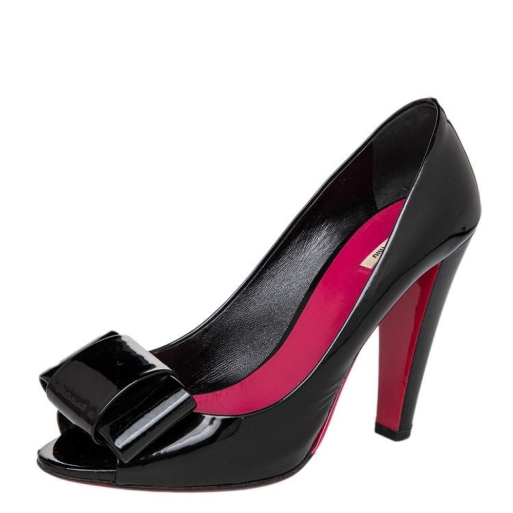 SOLD**** Miu Miu Black Patent Leather Bow Peep Toe Pumps